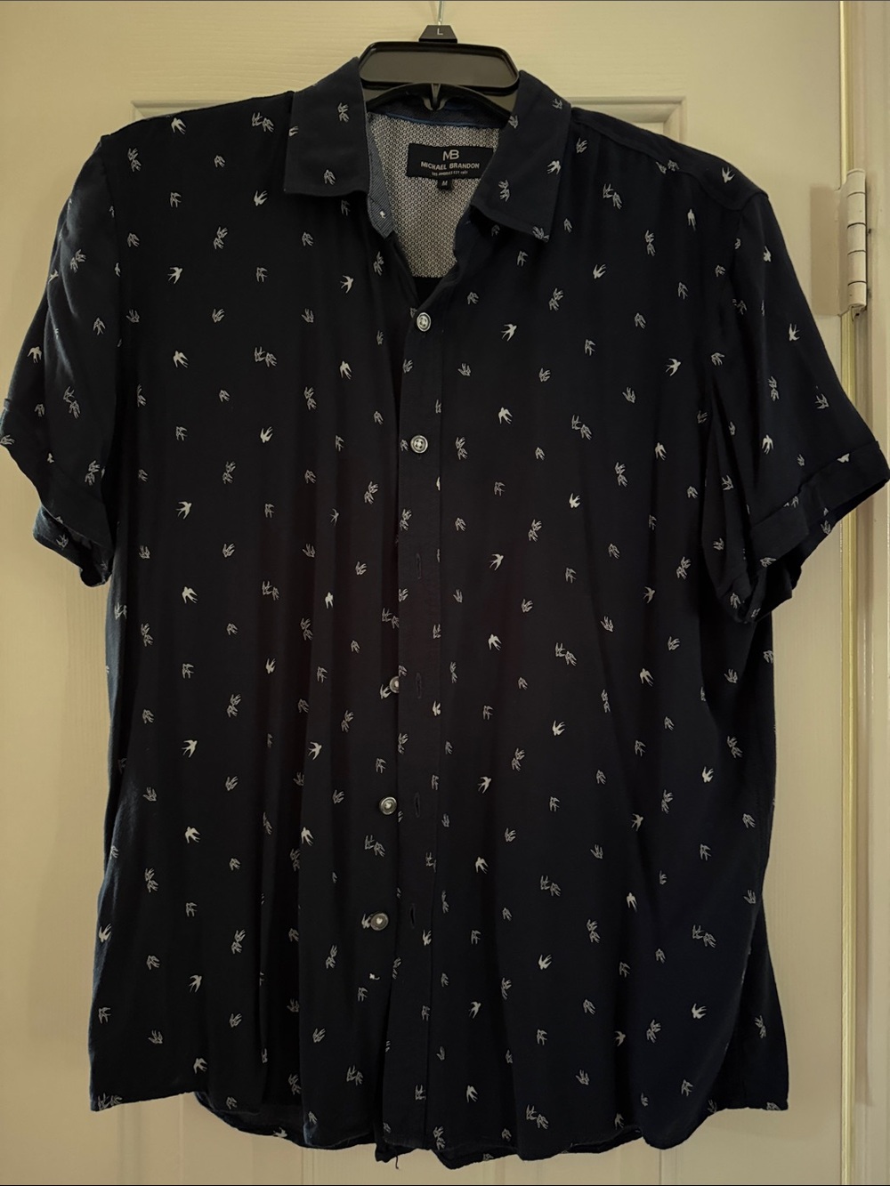 Michael Brandon Navy Button-Up Shirt with White Bird Print